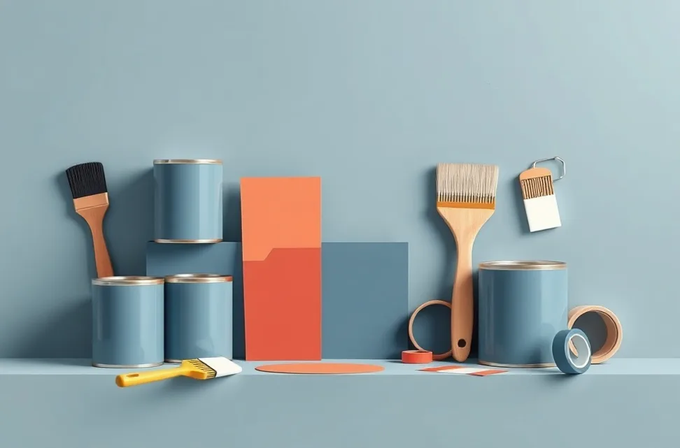 Pots de peinture, nuancier, brosses et rouleaux disposés à plat