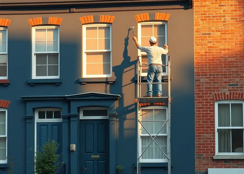 Peintre sur échafaudage traitant la façade d'une maison