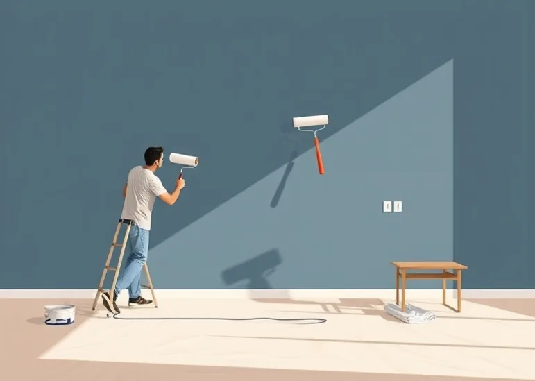 Peintre appliquant la peinture au rouleau sur un mur de salon